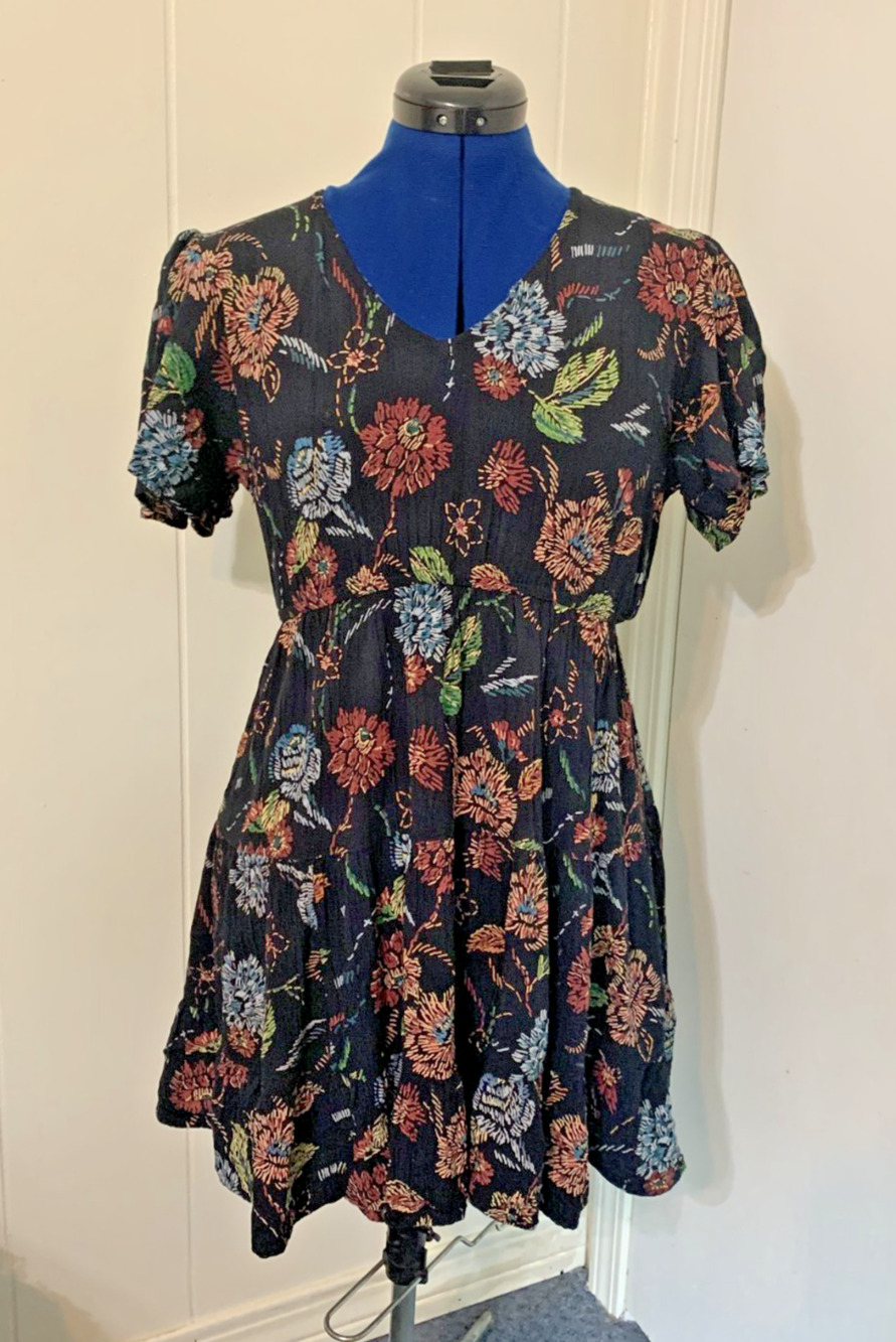 Angie Black Floral Mini Dress Size L Puff Sleeve VNeck Boho Tiered Elastic Waist